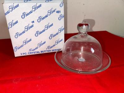 PRINCESS HOUSE CRYSTAL BUTTER SERVER AND 12 SALT/PEPPER SHAKERS