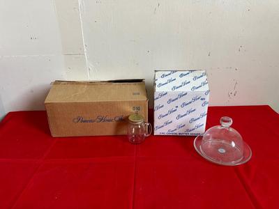 PRINCESS HOUSE CRYSTAL BUTTER SERVER AND 12 SALT/PEPPER SHAKERS