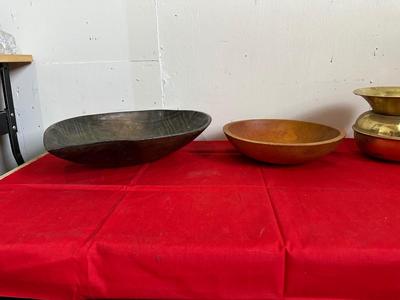 2 WOODEN BOWLS, BRASS SPITTOON, WOODEN CRATE AND CAST IRON SOAP DISH