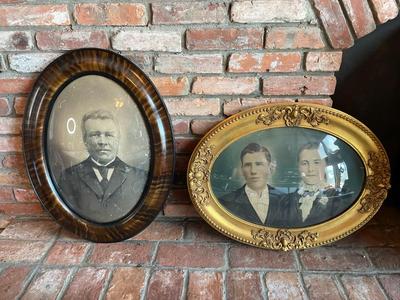 Antique Convex Bubble Glass Framed Photos in Gold Wood Tinted Frame and Marbled Wood Frame