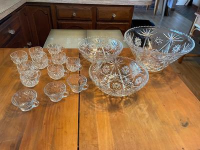 Vintage Williamport Hazel Ware Crystal Punch Glasses and Set of 3 Vintage Anchor Hocking Clear Bowl Sets