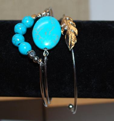 Set of 3 Styled "Turquoise & Leaf" Bracelets for Stacking or Individual Use 2½" Diameter