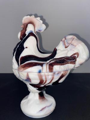 Vintage 9” Purple Slag Glass Rooster Covered Dish