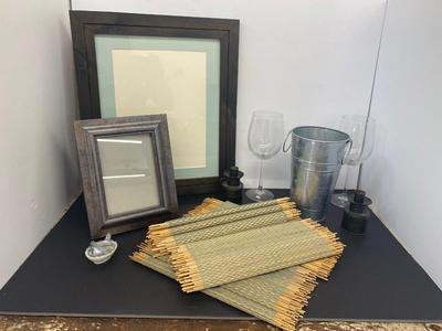 Neat Little Slag Glass Nesting Hen, Large Wine Glasses and Chiller Bucket, Candle Stick Holders, Nice Picture Frames along with Place Mats