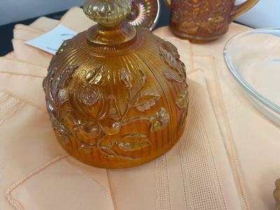 Beautiful Carnival Glass items and Miniature Nesting Hen Covered Dish with Peach Table Cloth