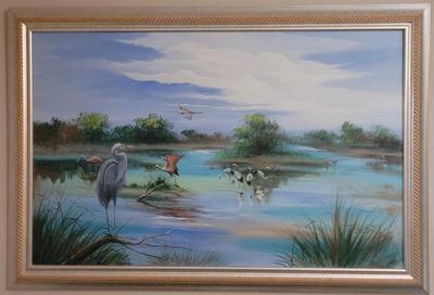 Marsh Bird Scene Framed Painting by Artist Hahn Kim (B1-CE)