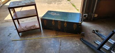 Antique Steamer trunk and 3-Tier Metal Cart