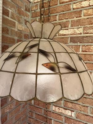1970s Vintage Capiz Hanging Chained Lamp Shade With Birds