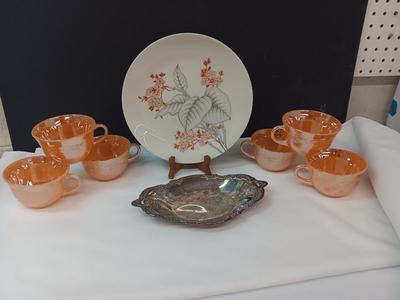 Six peach luster Fire king mugs with Castleton China plate
