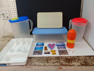 Plastic food storage containers with refrigerator magnets - bread keeper - pitcher and more