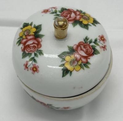 Vintage Porcelain Floral Apple Shaped Trinket, Keepsake Jar, Ring Dish
