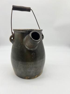 Antique c. 1890 Brown Slip Stoneware Batter Jug w/ Bail Handle and Lid