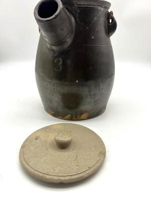 Antique c. 1890 Brown Slip Stoneware Batter Jug w/ Bail Handle and Lid