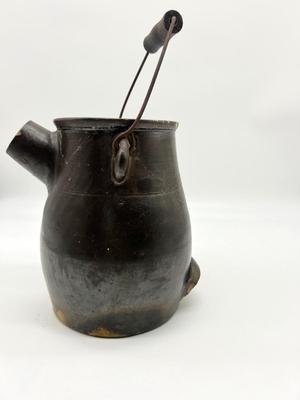 Antique c. 1890 Brown Slip Stoneware Batter Jug w/ Bail Handle and Lid