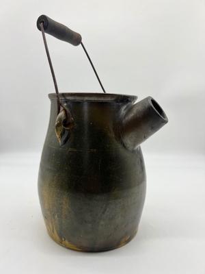 Antique c. 1890 Brown Slip Stoneware Batter Jug w/ Bail Handle and Lid