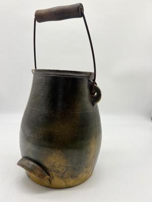Antique c. 1890 Brown Slip Stoneware Batter Jug w/ Bail Handle and Lid
