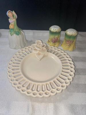 Really Old Salt and Pepper Shakers and 1983 Avon Bell with Handmade Dish