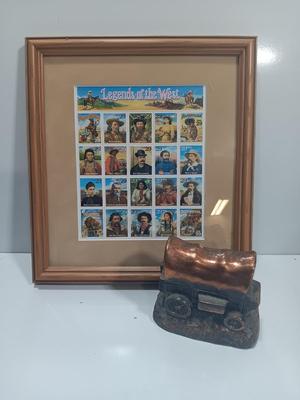 Framed Legends of the West stamp collection with Bronze stagecoach