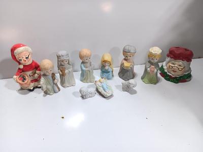 Porcelain Christmas nativity set with vintage Mrs. Claus