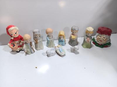 Porcelain Christmas nativity set with vintage Mrs. Claus