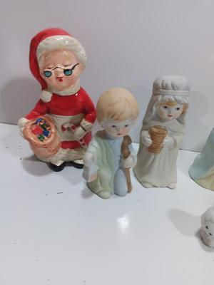 Porcelain Christmas nativity set with vintage Mrs. Claus