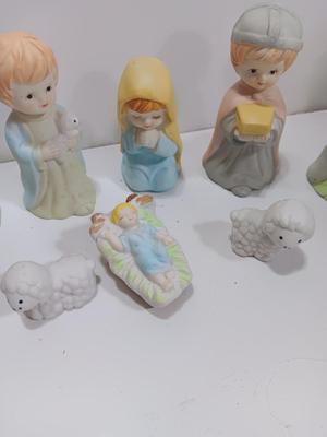 Porcelain Christmas nativity set with vintage Mrs. Claus