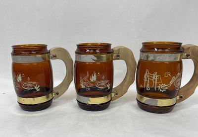 LOT of (3) Siesta Ware Amber Brown Glass Western Barrel Mugs