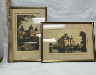 Framed Vintage Color Etching Prints of Castle of Valencay and Chateau d'atay-le-Rideau