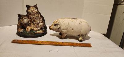 Antique Cast Iron Piggy Bank & Cats Kitties Doorstop