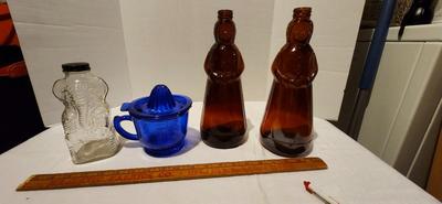 Cobalt Blue Glass Juicer Two Cup Measuring , Elephant Bottle MRS. BUTTERWORTH'S 10" Amber Glass