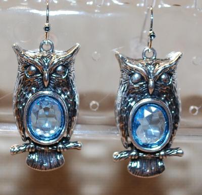 Owls Silver Tone Drop Earrings Set (1¼" x ¾") with a Light Blue Oval "Belly" Stone