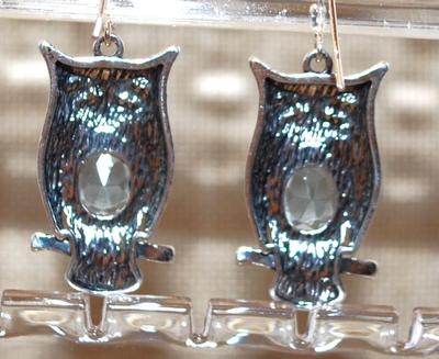 Owls Silver Tone Drop Earrings Set (1¼" x ¾") with a Light Blue Oval "Belly" Stone