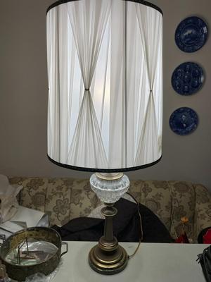 Vintage Mid-Century Brass & Crystal Tall Table Lamp w/Pleated Shade 38.5" Tall w/Shade in Good Preowned Condition.