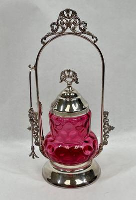Cranberry Glass Thumbprint Dot Pattern Pickle Cruet Jar on Silver Stand with tongs