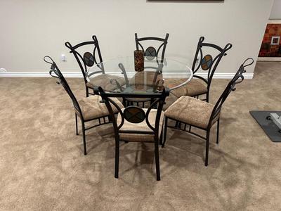 ROUND GLASS TOP, METAL BASE DINETTE SET W/SLATE INLAYS