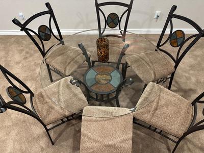 ROUND GLASS TOP, METAL BASE DINETTE SET W/SLATE INLAYS