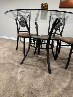ROUND GLASS TOP, METAL BASE DINETTE SET W/SLATE INLAYS