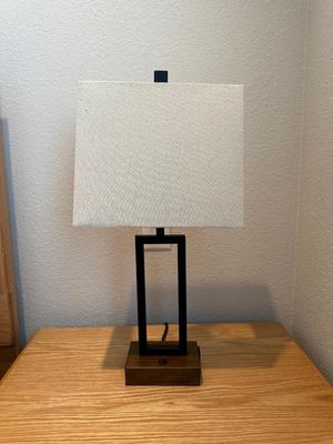 SOLID WOOD NIGHT STAND WITH CABINET PLUS METAL BASE LAMP W/OUTLETS