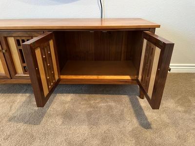 STUNNING MID-CENTURY MULTI WOOD, HANDMADE CREDENZA