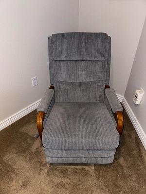 STEEL BLUE RECLINER WITH WOOD ACCENTS