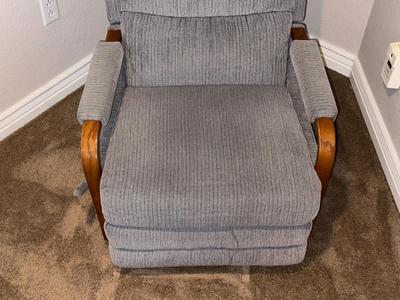 STEEL BLUE RECLINER WITH WOOD ACCENTS