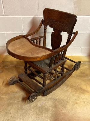LOT 68: Antique / Vintage Wooden Convertible High Chair / Rocker / Stroller