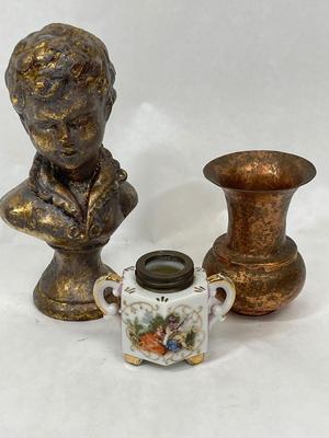 3 pc lot of vintage decor- small bust of a boy, bottom of a mini oil lamp, mini copper sputoon