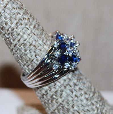 Size 7 Deep Blue & Clear Stones 5 Rows Marked .925 Silver Ring (6.3g)
