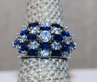 Size 7 Deep Blue & Clear Stones 5 Rows Marked .925 Silver Ring (6.3g)