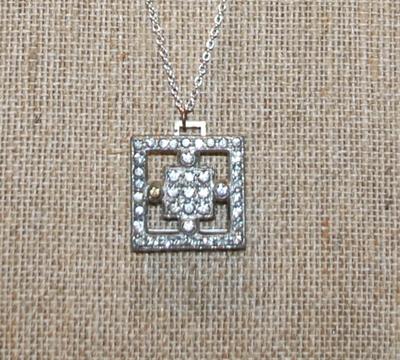 Vintage Style Double Square Block PENDANT (1" x 1")on a Silver Tone Necklace Chain 18" L