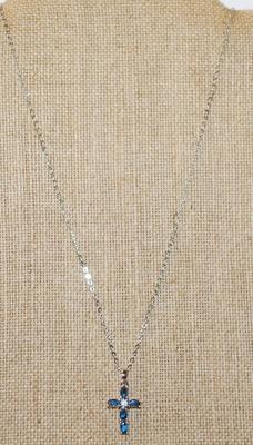 Small Deep Blue Stones Cross PENDANT (1" x ½") with Clear Center Stone on a Silver Tone Necklace Chain 18" L