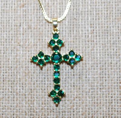 Beautiful All Green Stones Cross PENDANT (1½" x ¾") on a Gold Tone Necklace Chain 17" L