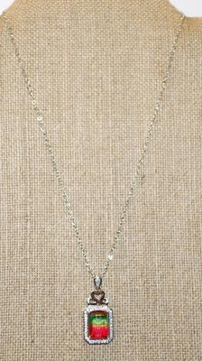 Multi-Colored Rectangle Iridescent "Gumdrop" Stone on a Silver Tone Necklace Chain 17" L