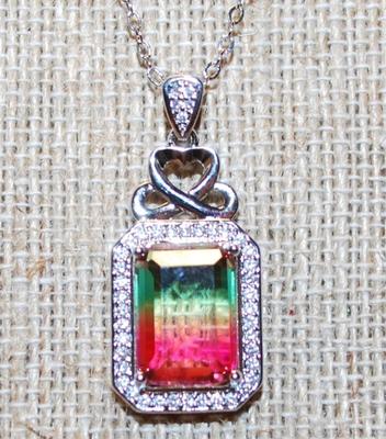 Multi-Colored Rectangle Iridescent "Gumdrop" Stone on a Silver Tone Necklace Chain 17" L